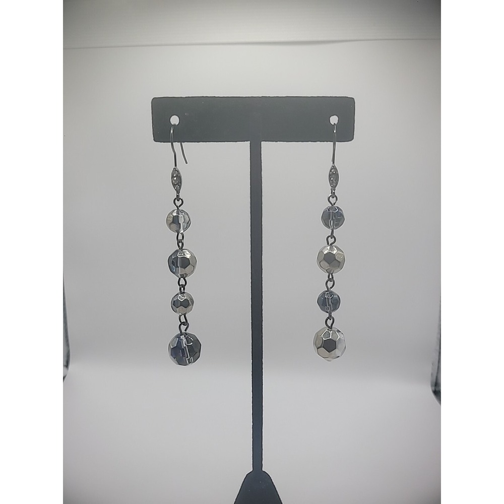 Vintage Silver Tone Hook Pierced Earrings Drop‎ Dangle Faceted Jewelry Costume